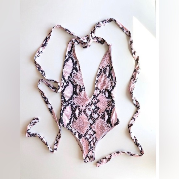 NWOT SHEIN Pink Black Python Snake Deep-V One Piece Wraparound Swimsuit, Size S - Picture 1 of 7